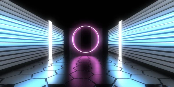 Sfondo Astratto Con Luci Neon Costruzione Tunnel Neon Space Illustrazione — Foto Stock