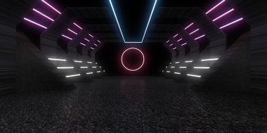 Üç boyutlu soyut arkaplan ve neon ışıkları. Neon tüneli. Uzay inşaatı. 3d illüstrasyon
