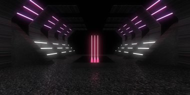 Üç boyutlu soyut arkaplan ve neon ışıkları. Neon tüneli. Uzay inşaatı. 3d illüstrasyon