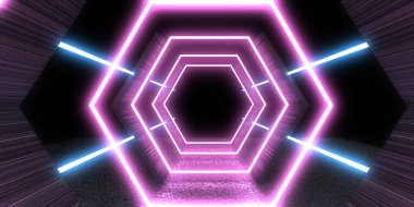 Üç boyutlu soyut arkaplan ve neon ışıkları. Neon tüneli. Uzay inşaatı. 3d illüstrasyon V