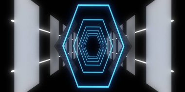 Üç boyutlu soyut arkaplan ve neon ışıkları. Neon tüneli. Uzay inşaatı. 3d illüstrasyon V