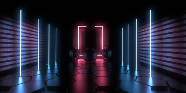 Üç boyutlu soyut arkaplan ve neon ışıkları. Neon tüneli. Uzay inşaatı. 3d illüstrasyon