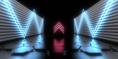 Üç boyutlu soyut arkaplan ve neon ışıkları. Neon tüneli. Uzay inşaatı. 3d illüstrasyon