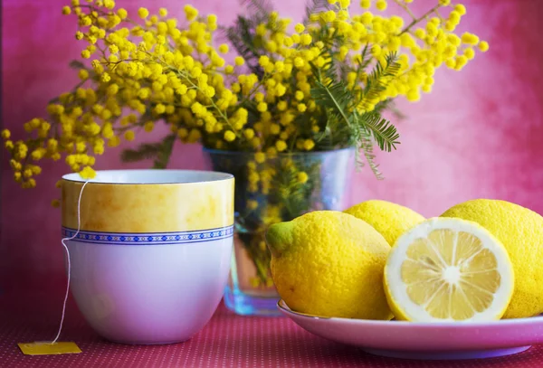 Stilleven met cup, citroen en bloemen — Stockfoto