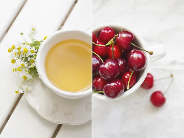 Koláž s čajem a třešně — Stock fotografie