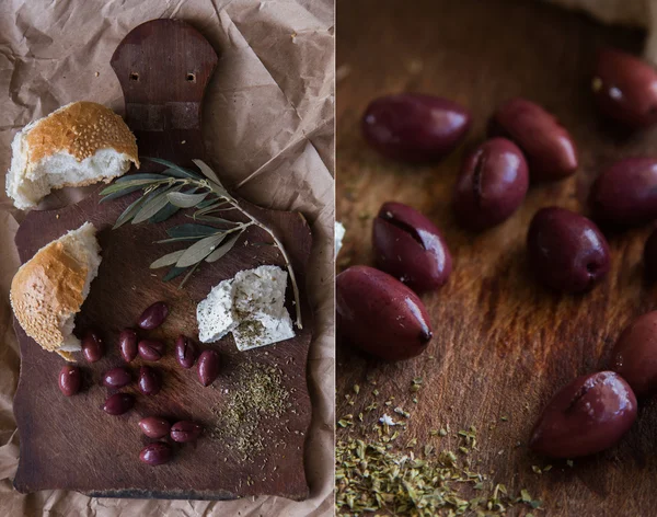 Colagem com azeitonas em uma mesa de madeira e queijo feta — Fotografia de Stock