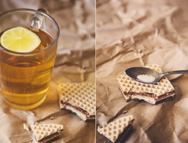 Collage con taza de té de hierbas y galletas — Foto de Stock