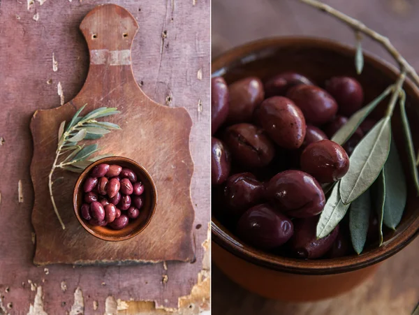 Collage avec des olives sur une table en bois Images De Stock Libres De Droits