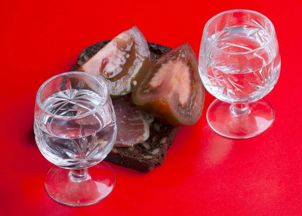 Glasses Vodka Delicious Meat Holiday — Zdjęcie stockowe