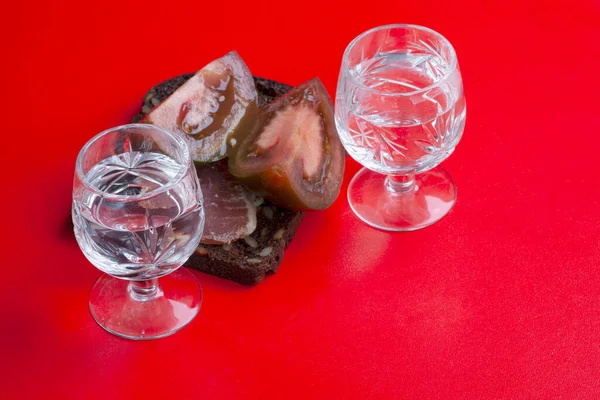 Glasses Vodka Delicious Meat Holiday — Zdjęcie stockowe