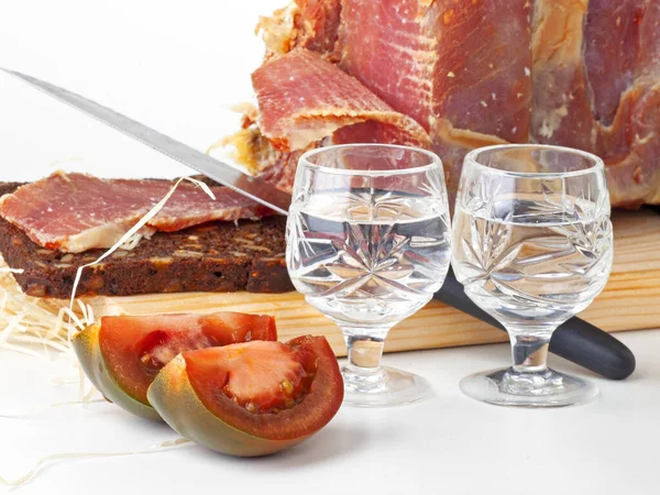 Glasses Vodka Delicious Meat Holiday — Stockfoto