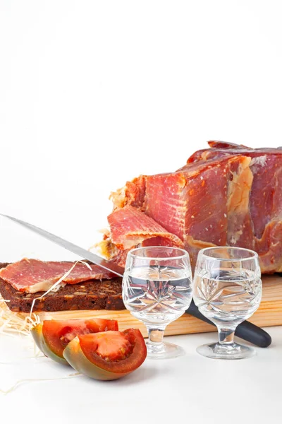 Glasses Vodka Delicious Meat Holiday — Stockfoto