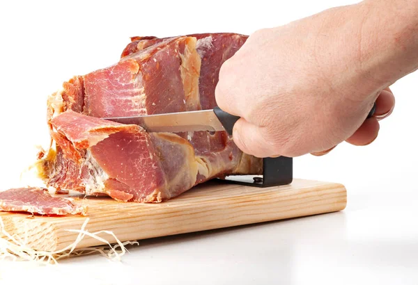Рука Держит Нож Кусок Мяса — стоковое фото