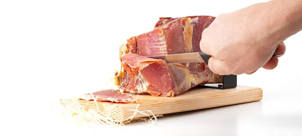 Hand Holds Knife Piece Meat — Stockfoto