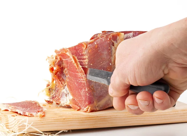 Hand Holds Knife Piece Meat — Fotografia de Stock