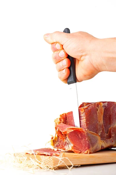 Hand Holds Knife Piece Meat — Stock Photo, Image
