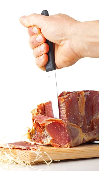 Hand Holds Knife Piece Meat — Fotografia de Stock