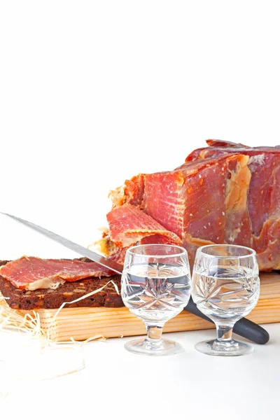 Glasses Vodka Delicious Meat Holiday — Stockfoto