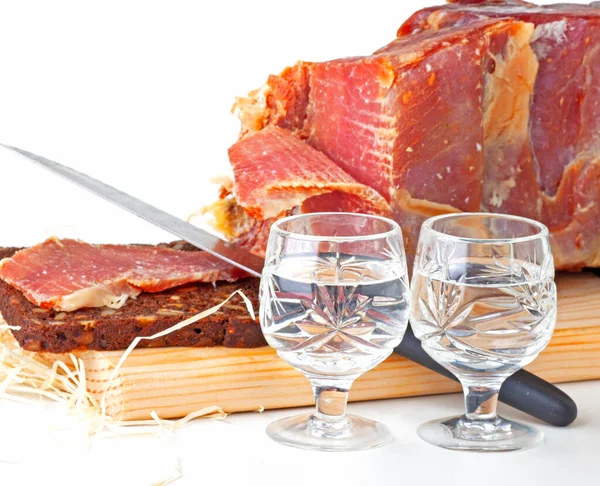 Glasses Vodka Delicious Meat Holiday — Fotografia de Stock