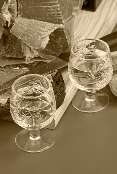 Glasses Vodka Delicious Meat Holiday — Stock Photo, Image