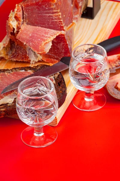 Gläser Wodka Und Leckeres Fleisch Für Den Urlaub — Stockfoto