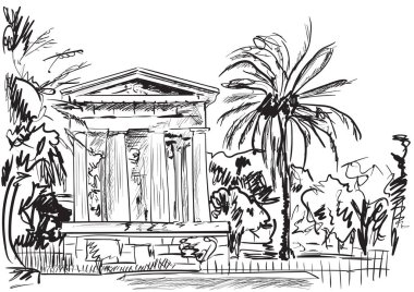 Bir ağacın ve eski bir binanın el çizimi