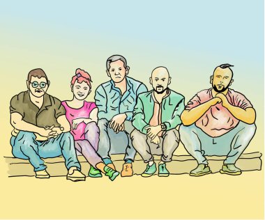 Bir grup mutlu genç bir bankta oturuyor.