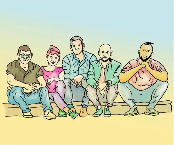 Bir grup mutlu genç bir bankta oturuyor.