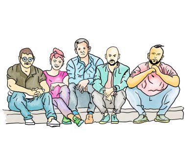 Bir grup mutlu genç bir bankta oturuyor.