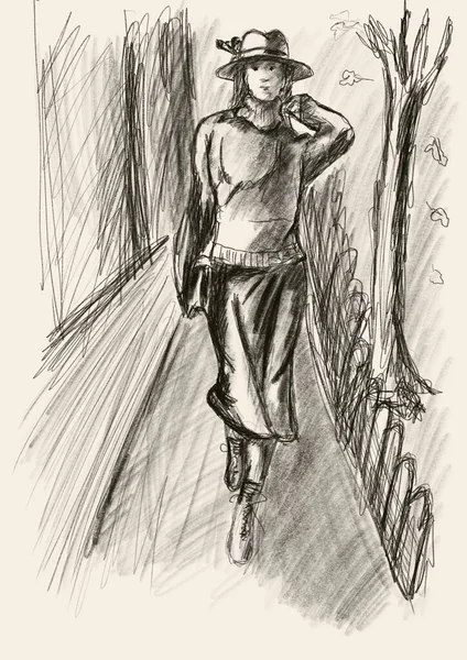 Croquis Noir Blanc Femme Dans Rue — Photo