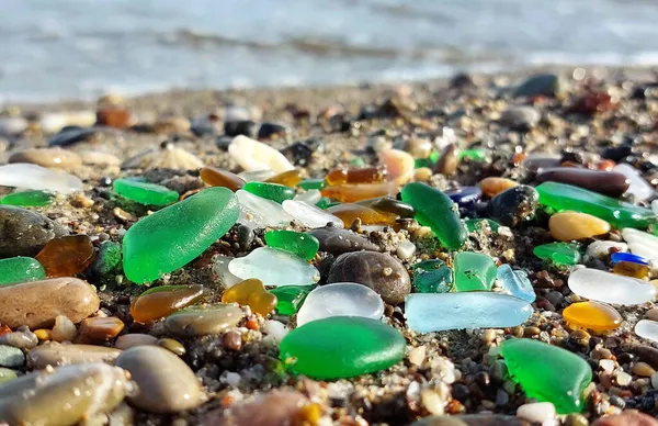 Muchos Vidrio Color Húmedo Pulido Por Mar Playa — Foto de Stock