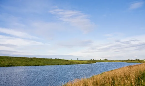 Flodlandskap med gröna fält — Stockfoto
