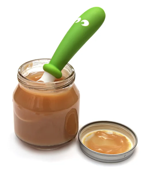 Glass jar of baby food — Stock Photo, Image