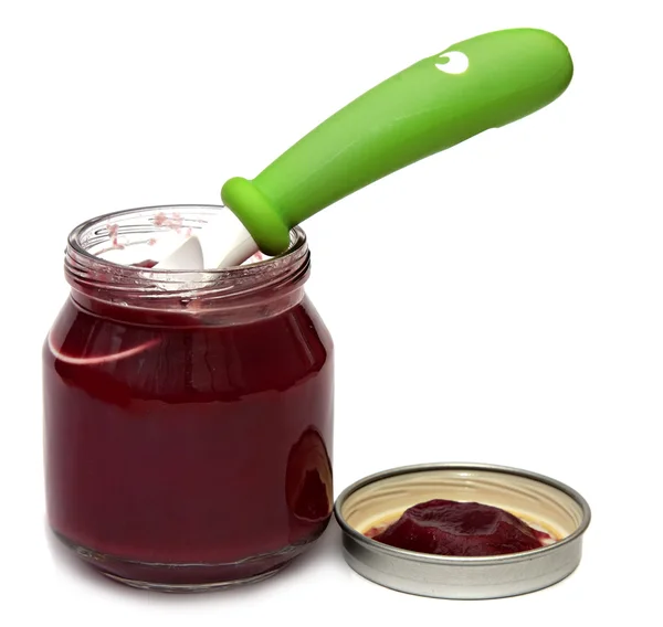 Glass jar of baby food — Stock Photo, Image