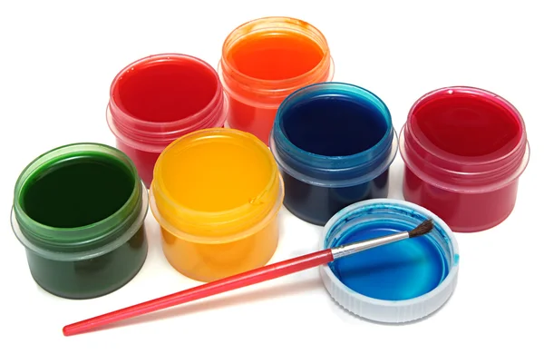 儿童绘画颜料罐和刷子 — 图库照片