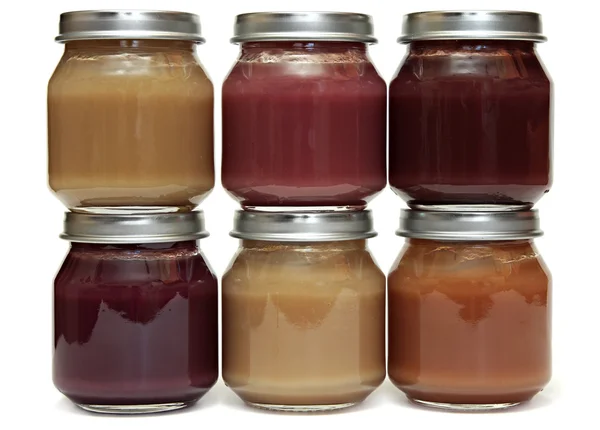 Six baby food in glass jar. — Stock Photo, Image