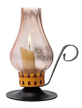 Candlestick with burning candle and glass pink shade.