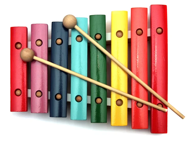 Colorful, wooden xylophone with mallet over white — Stock Photo, Image