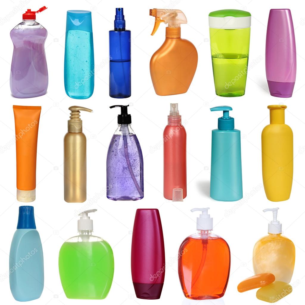 17 colored plastic bottles with liquid soap and shower gel isolated on white background . Studio shooting. Set.