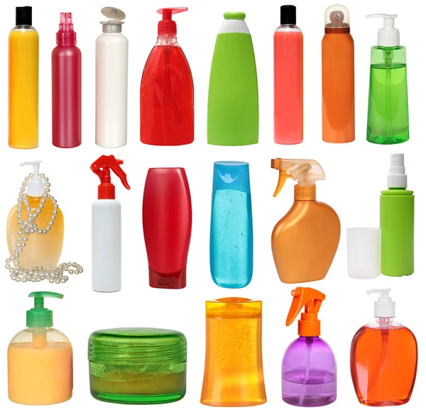 Colored plastic bottles with liquid soap and shower gel. — Stock Photo, Image