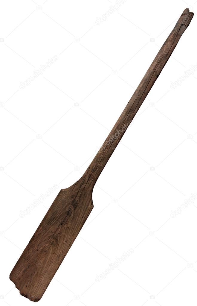 Old wooden weathered paddle (oar) with stains and cracks, isolated on white
