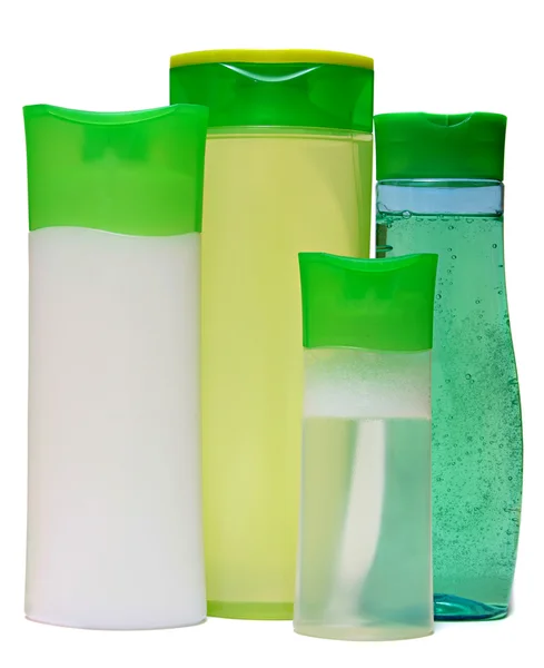 Plastic bottles with liquid soap, shower gel or shampoo. — Stock Photo, Image