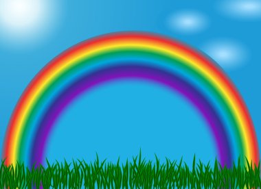 bir gökkuşağı, mavi gökyüzü, güneş, bulutlar ve yeşil çimen, yatay yaz. vektör çizim