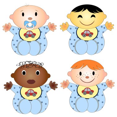 4 bebek vektör Illustration. dört çocuk çocuğun farklı ırkların beyaz bir arka plan üzerinde izole