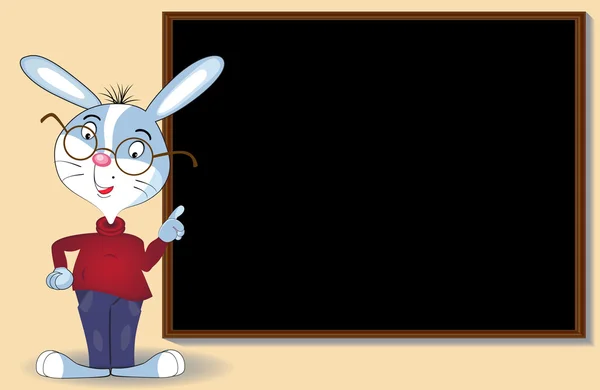 Clever animation rabbit wearing spectacles costs about a school black board. A place for the text. A vector illustration. — Stock Vector