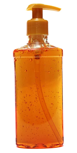 Garrafa de plástico com sabão líquido no fundo branco .shampoo — Fotografia de Stock