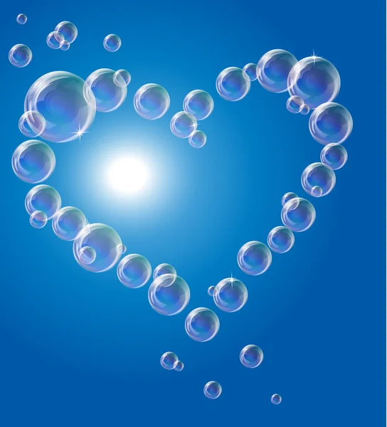Ilustración vectorial EPS10. Burbujas de jabón en forma de corazón Contra el sol y el cielo azul — Archivo Imágenes Vectoriales
