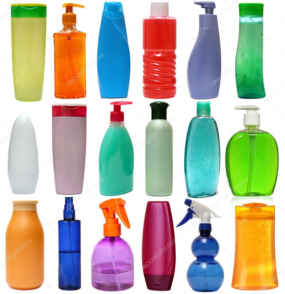 Colored plastic bottles with liquid soap and shower gel.