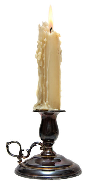 Burning Candle In Old Silver Candlestick Isolated White Background.