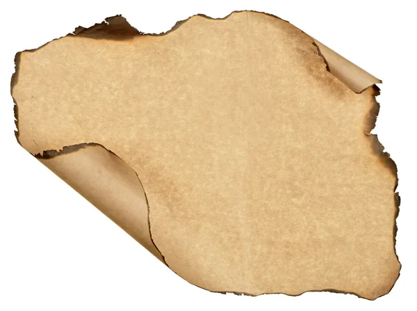 Burnt sheet old paper isolated white background — Stock Photo, Image